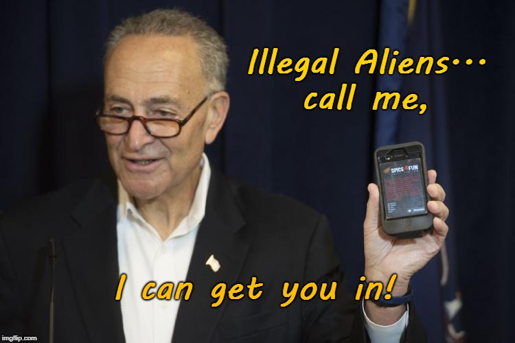 Schumer Wants Illegal Aliens to Call Him | Illegal Aliens... call me, I can get you in! | image tagged in schumer  phone,illegal aliens | made w/ Imgflip meme maker
