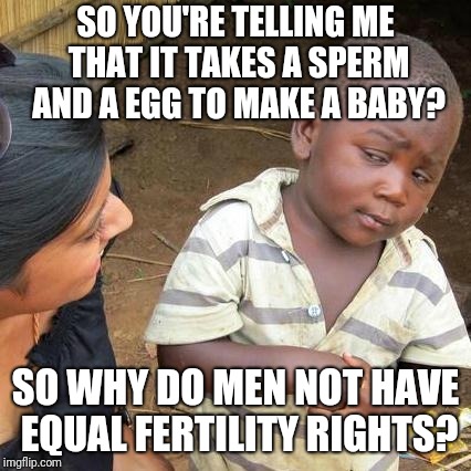 Third World Skeptical Kid | SO YOU'RE TELLING ME THAT IT TAKES A SPERM AND A EGG TO MAKE A BABY? SO WHY DO MEN NOT HAVE EQUAL FERTILITY RIGHTS? | image tagged in memes,third world skeptical kid | made w/ Imgflip meme maker