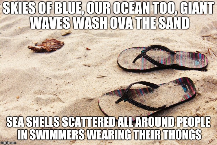 The Power of the Flip Flop | SKIES OF BLUE, OUR OCEAN TOO,
GIANT WAVES WASH OVA THE SAND; SEA SHELLS SCATTERED ALL AROUND
PEOPLE IN SWIMMERS
WEARING THEIR THONGS | image tagged in the power of the flip flop | made w/ Imgflip meme maker