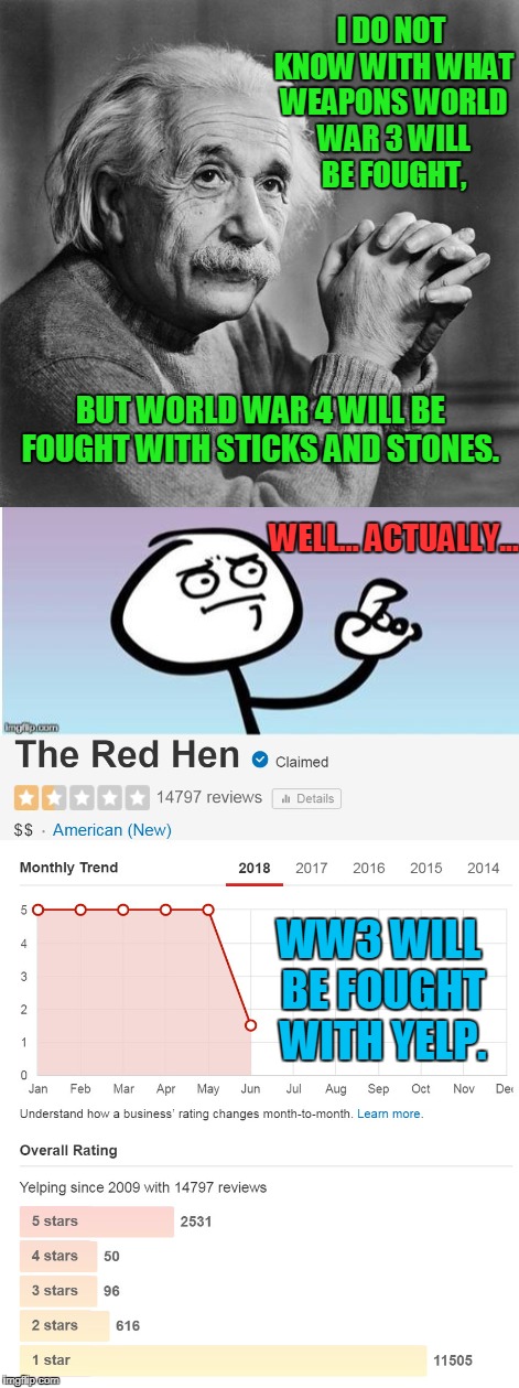 Don't Worry Folks, We Will Be Safe For WW4 | I DO NOT KNOW WITH WHAT WEAPONS WORLD WAR 3 WILL BE FOUGHT, BUT WORLD WAR 4 WILL BE FOUGHT WITH STICKS AND STONES. WELL... ACTUALLY... WW3 WILL BE FOUGHT WITH YELP. | image tagged in funny,ww3,yelp,red hen | made w/ Imgflip meme maker
