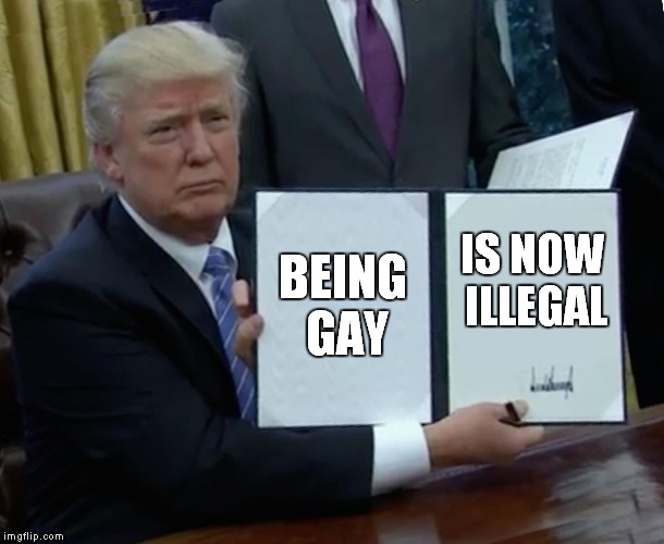 Trump Bill Signing Meme | BEING GAY; IS NOW ILLEGAL | image tagged in memes,trump bill signing | made w/ Imgflip meme maker