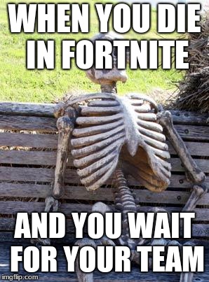 Waiting Skeleton | WHEN YOU DIE IN FORTNITE; AND YOU WAIT FOR YOUR TEAM | image tagged in memes,waiting skeleton | made w/ Imgflip meme maker