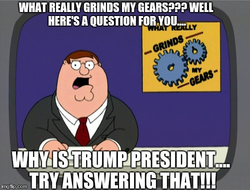 Peter Griffin News | WHAT REALLY GRINDS MY GEARS???
WELL HERE'S A QUESTION FOR YOU.... WHY IS TRUMP PRESIDENT.... TRY ANSWERING THAT!!! | image tagged in memes,peter griffin news | made w/ Imgflip meme maker