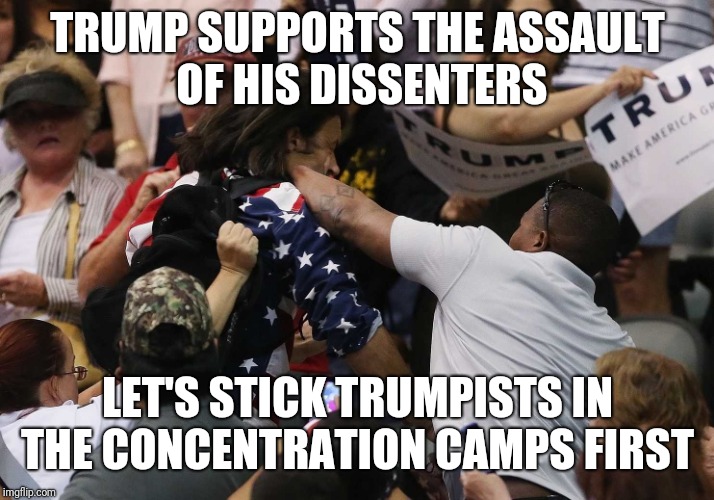 TRUMP SUPPORTS THE ASSAULT OF HIS DISSENTERS LET'S STICK TRUMPISTS IN THE CONCENTRATION CAMPS FIRST | made w/ Imgflip meme maker