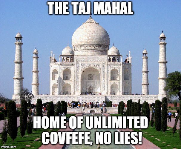 Taj Mahal | THE TAJ MAHAL; HOME OF UNLIMITED COVFEFE, NO LIES! | image tagged in taj mahal | made w/ Imgflip meme maker