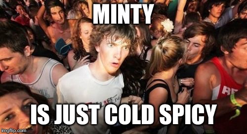 Sudden Clarity Clarence Meme | MINTY; IS JUST COLD SPICY | image tagged in memes,sudden clarity clarence | made w/ Imgflip meme maker