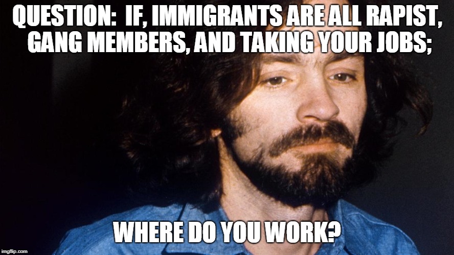QUESTION:  IF, IMMIGRANTS ARE ALL RAPIST, GANG MEMBERS, AND TAKING YOUR JOBS;; WHERE DO YOU WORK? | made w/ Imgflip meme maker