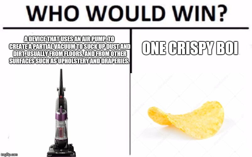 Who Would Win? Meme | ONE CRISPY BOI; A DEVICE THAT USES AN AIR PUMP, TO CREATE A PARTIAL VACUUM TO SUCK UP DUST AND DIRT, USUALLY FROM FLOORS, AND FROM OTHER SURFACES SUCH AS UPHOLSTERY AND DRAPERIES. | image tagged in memes,who would win | made w/ Imgflip meme maker