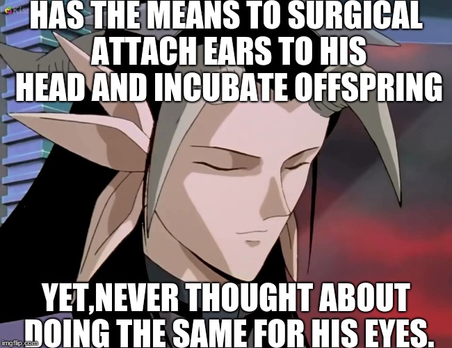 HAS THE MEANS TO SURGICAL ATTACH EARS TO HIS HEAD AND INCUBATE OFFSPRING; YET,NEVER THOUGHT ABOUT DOING THE SAME FOR HIS EYES. | image tagged in anime | made w/ Imgflip meme maker