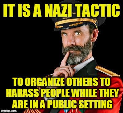 Those Who Don't Know Their History are Doomed to Repeat It | IT IS A NAZI TACTIC; TO ORGANIZE OTHERS TO HARASS PEOPLE WHILE THEY ARE IN A PUBLIC SETTING | image tagged in captain obvious | made w/ Imgflip meme maker