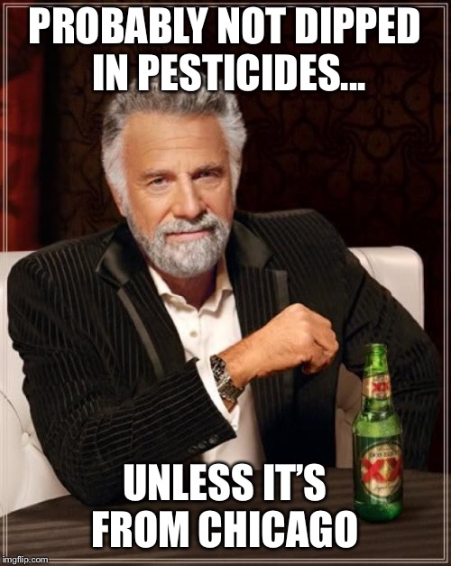 The Most Interesting Man In The World Meme | PROBABLY NOT DIPPED IN PESTICIDES... UNLESS IT’S FROM CHICAGO | image tagged in memes,the most interesting man in the world | made w/ Imgflip meme maker
