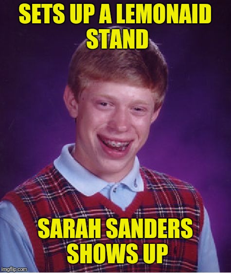 Bad Luck Brian Meme | SETS UP A LEMONAID STAND SARAH SANDERS SHOWS UP | image tagged in memes,bad luck brian | made w/ Imgflip meme maker