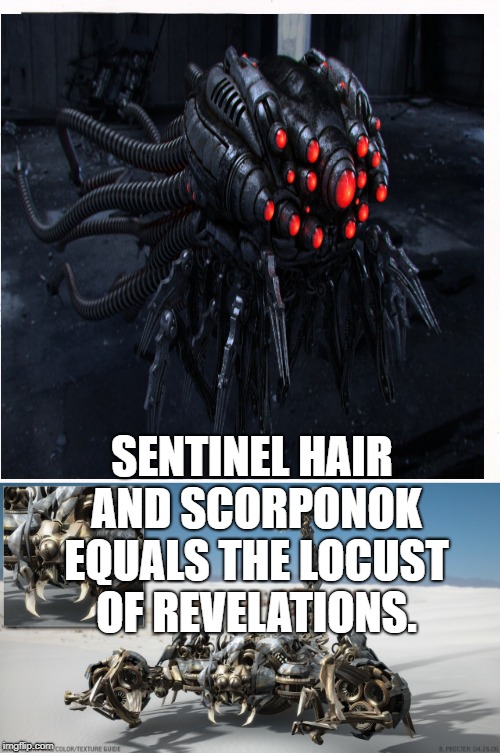 Revelation | SENTINEL HAIR AND SCORPONOK EQUALS THE LOCUST OF REVELATIONS. | image tagged in transformers | made w/ Imgflip meme maker