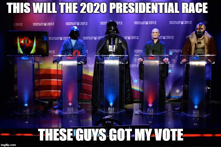 Vader Cobra Valdemort | THIS WILL THE 2020 PRESIDENTIAL RACE; THESE GUYS GOT MY VOTE | image tagged in vader cobra valdemort | made w/ Imgflip meme maker