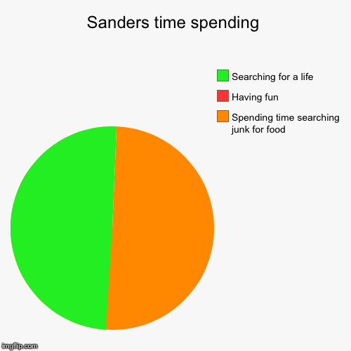 Sanders time spending | Spending time searching junk for food, Having fun, Searching for a life | image tagged in funny,pie charts | made w/ Imgflip chart maker