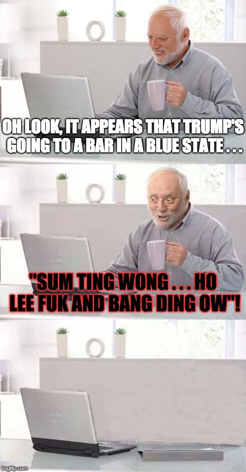 When Trump Walks Into a Bar in a Blue State | OH LOOK, IT APPEARS THAT TRUMP'S GOING TO A BAR IN A BLUE STATE . . . "SUM TING WONG . . . HO LEE FUK AND BANG DING OW"! | image tagged in memes,hide the pain harold,trump,democrat,bar | made w/ Imgflip meme maker