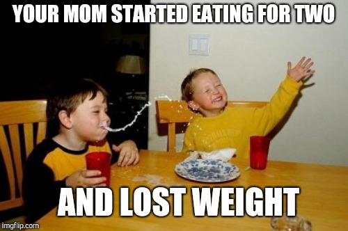 Your mom is so fat | YOUR MOM STARTED EATING FOR TWO AND LOST WEIGHT | image tagged in dieting,yo mamas so fat,yo mama so fat,yo momma | made w/ Imgflip meme maker