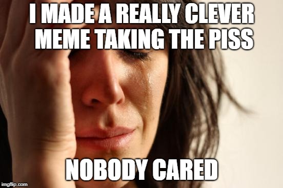 First World Problems Meme | I MADE A REALLY CLEVER MEME TAKING THE PISS; NOBODY CARED | image tagged in memes,first world problems | made w/ Imgflip meme maker