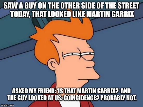 Maybe he WAS Martin.... | SAW A GUY ON THE OTHER SIDE OF THE STREET TODAY, THAT LOOKED LIKE MARTIN GARRIX; ASKED MY FRIEND: ‘IS THAT MARTIN GARRIX?’ AND THE GUY LOOKED AT US. COINCIDENCE? PROBABLY NOT. | image tagged in memes,futurama fry | made w/ Imgflip meme maker