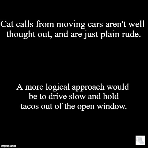 A more logical approach to catcalls from moving cars. Tacos, enough said... | image tagged in funny,demotivationals,tacos,catcalls,memes,rude | made w/ Imgflip demotivational maker