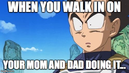 Oh lord... | WHEN YOU WALK IN ON; YOUR MOM AND DAD DOING IT... | image tagged in memes,surprized vegeta | made w/ Imgflip meme maker