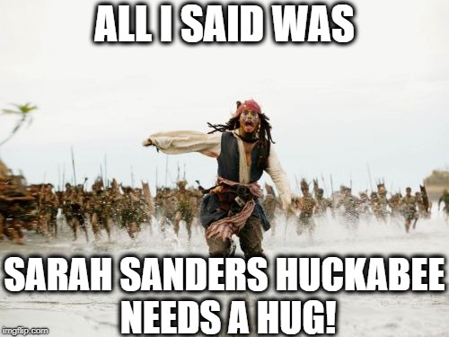 Am I wrong, though? | ALL I SAID WAS; SARAH SANDERS HUCKABEE NEEDS A HUG! | image tagged in memes,jack sparrow being chased | made w/ Imgflip meme maker