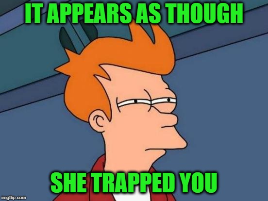 Futurama Fry Meme | IT APPEARS AS THOUGH SHE TRAPPED YOU | image tagged in memes,futurama fry | made w/ Imgflip meme maker
