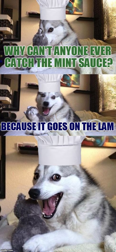 Cookin' Up Some Awful Puns - New Template | WHY CAN'T ANYONE EVER CATCH THE MINT SAUCE? BECAUSE IT GOES ON THE LAM | image tagged in memes,kitchen,cooking,chef,lamb,culinary | made w/ Imgflip meme maker