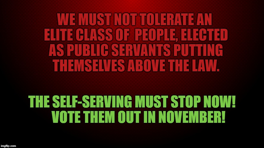 self-serving must stop now | WE MUST NOT TOLERATE AN ELITE CLASS OF  PEOPLE, ELECTED AS PUBLIC SERVANTS PUTTING THEMSELVES ABOVE THE LAW. THE SELF-SERVING MUST STOP NOW!     VOTE THEM OUT IN NOVEMBER! | image tagged in donald trump,vote | made w/ Imgflip meme maker