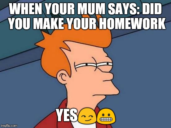 ... | WHEN YOUR MUM SAYS: DID YOU MAKE YOUR HOMEWORK; YES😏😬 | image tagged in memes,futurama fry | made w/ Imgflip meme maker