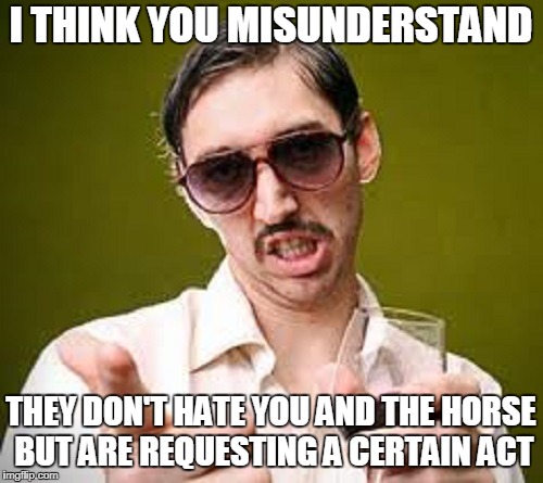 I THINK YOU MISUNDERSTAND THEY DON'T HATE YOU AND THE HORSE BUT ARE REQUESTING A CERTAIN ACT | made w/ Imgflip meme maker
