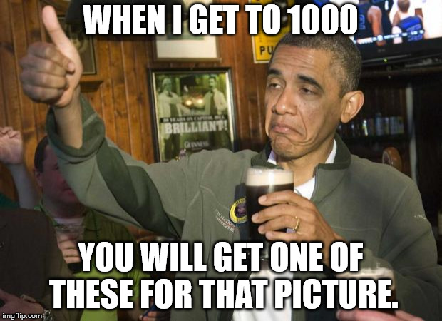 Obama beer | WHEN I GET TO 1000; YOU WILL GET ONE OF THESE FOR THAT PICTURE. | image tagged in obama beer | made w/ Imgflip meme maker