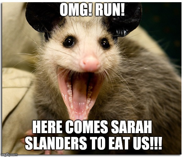 Awesome Possum | OMG! RUN! HERE COMES SARAH SLANDERS TO EAT US!!! | image tagged in awesome possum | made w/ Imgflip meme maker