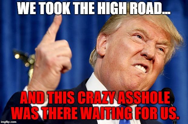 Donald Trump | WE TOOK THE HIGH ROAD... AND THIS CRAZY ASSHOLE WAS THERE WAITING FOR US. | image tagged in donald trump | made w/ Imgflip meme maker