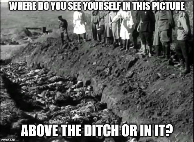 socialist genocide | WHERE DO YOU SEE YOURSELF IN THIS PICTURE; ABOVE THE DITCH OR IN IT? | image tagged in socialist genocide | made w/ Imgflip meme maker