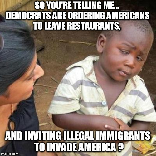SO YOU'RE TELLING ME... DEMOCRATS ARE ORDERING AMERICANS TO LEAVE RESTAURANTS, AND INVITING ILLEGAL IMMIGRANTS TO INVADE AMERICA ? | image tagged in democrats,democratic party,illegal immigration,libtards,retarded liberal protesters,liberal logic | made w/ Imgflip meme maker
