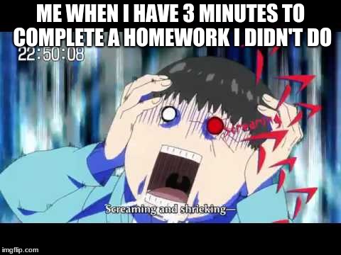 Tokyo ghoul | ME WHEN I HAVE 3 MINUTES TO COMPLETE A HOMEWORK I DIDN'T DO | image tagged in tokyo ghoul | made w/ Imgflip meme maker