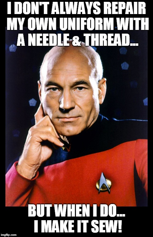Make it SEW! | I DON'T ALWAYS REPAIR MY OWN UNIFORM WITH A NEEDLE & THREAD... BUT WHEN I DO... I MAKE IT SEW! | image tagged in serious picard | made w/ Imgflip meme maker
