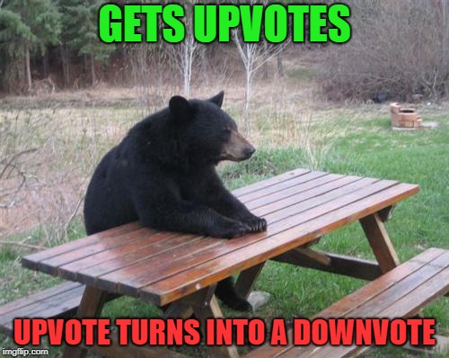 Bad Luck Bear Meme | GETS UPVOTES; UPVOTE TURNS INTO A DOWNVOTE | image tagged in memes,bad luck bear,upvotes,downvote,down with downvotes | made w/ Imgflip meme maker