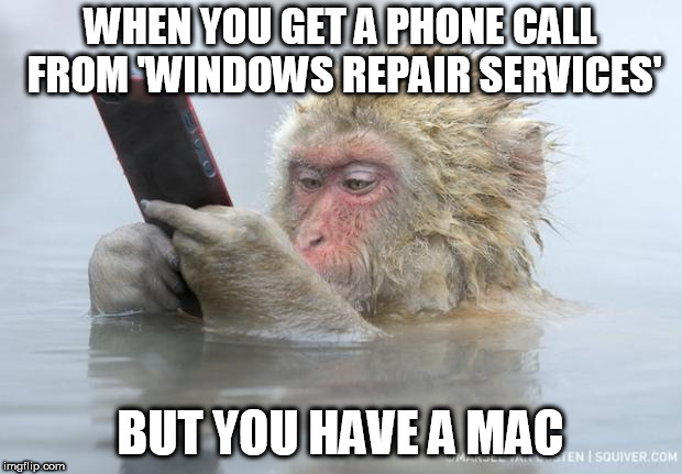 monkey mobile phone |  WHEN YOU GET A PHONE CALL FROM 'WINDOWS REPAIR SERVICES'; BUT YOU HAVE A MAC | image tagged in monkey mobile phone | made w/ Imgflip meme maker