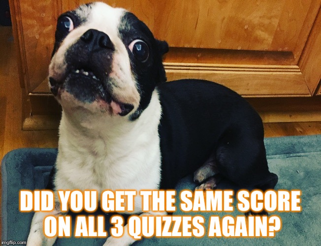 DID YOU GET THE SAME SCORE ON ALL 3 QUIZZES AGAIN? | image tagged in tests | made w/ Imgflip meme maker