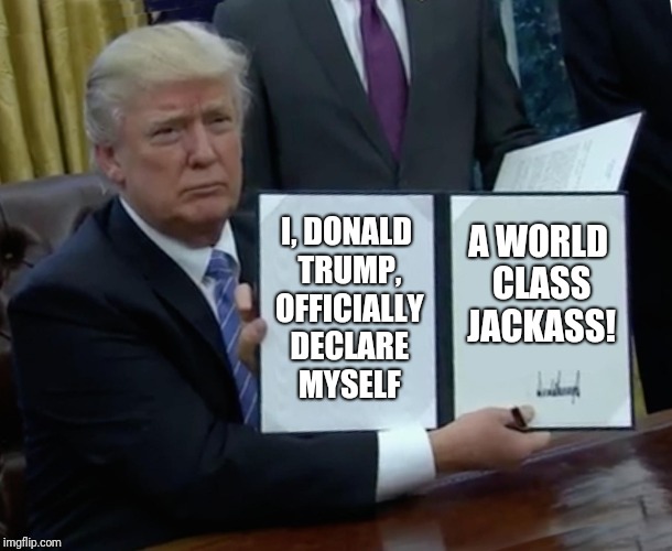 Trump Bill Signing Meme | I, DONALD TRUMP, OFFICIALLY DECLARE MYSELF; A WORLD CLASS JACKASS! | image tagged in memes,trump bill signing | made w/ Imgflip meme maker