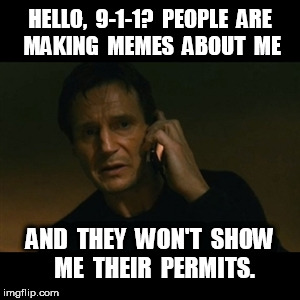 Liam Neeson Permits | HELLO,  9-1-1?  PEOPLE  ARE  MAKING  MEMES  ABOUT  ME; AND  THEY  WON'T  SHOW  ME  THEIR  PERMITS. | image tagged in memes,liam neeson taken,permits | made w/ Imgflip meme maker