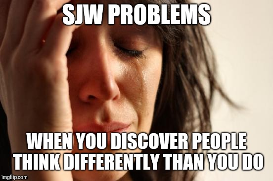 She problems | SJW PROBLEMS; WHEN YOU DISCOVER PEOPLE THINK DIFFERENTLY THAN YOU DO | image tagged in memes,first world problems,sjw | made w/ Imgflip meme maker