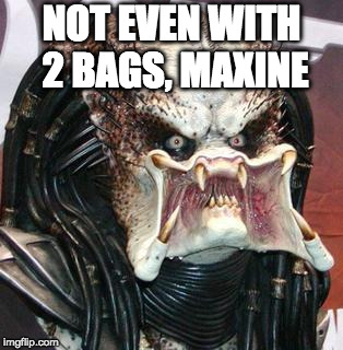 predators face | NOT EVEN WITH 2 BAGS, MAXINE | image tagged in predators face | made w/ Imgflip meme maker