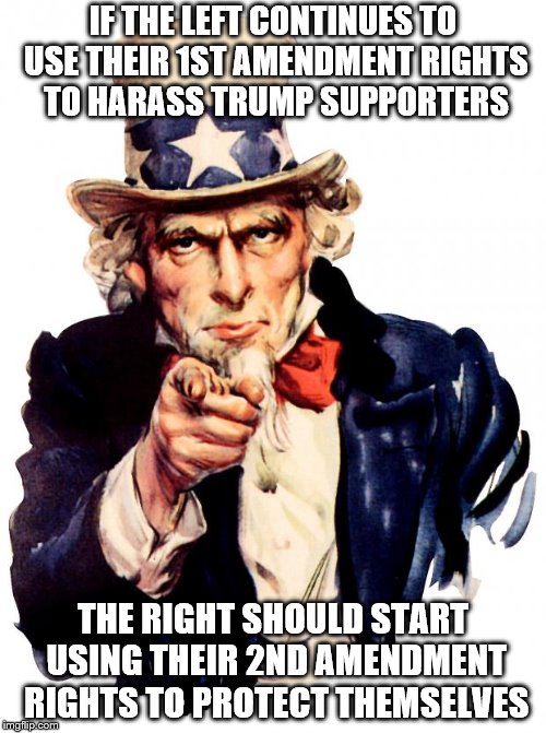 Uncle Sam Meme | IF THE LEFT CONTINUES TO USE THEIR 1ST AMENDMENT RIGHTS TO HARASS TRUMP SUPPORTERS; THE RIGHT SHOULD START USING THEIR 2ND AMENDMENT RIGHTS TO PROTECT THEMSELVES | image tagged in memes,uncle sam | made w/ Imgflip meme maker