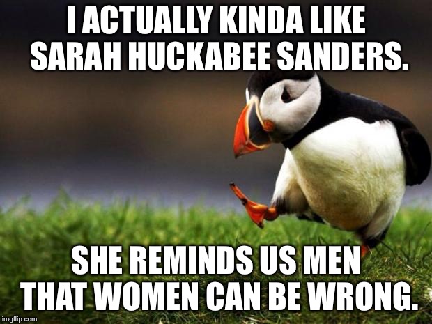 Sarah Huckabee Sanders | I ACTUALLY KINDA LIKE SARAH HUCKABEE SANDERS. SHE REMINDS US MEN THAT WOMEN CAN BE WRONG. | image tagged in memes,unpopular opinion puffin,sarah huckabee sanders,wrong,men and women,politics | made w/ Imgflip meme maker