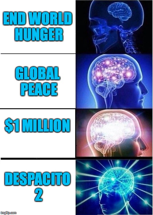 A list of things that I wish for: | END WORLD HUNGER; GLOBAL PEACE; $1 MILLION; DESPACITO 2 | image tagged in memes,expanding brain,funny,wish,despacito,world hunger | made w/ Imgflip meme maker