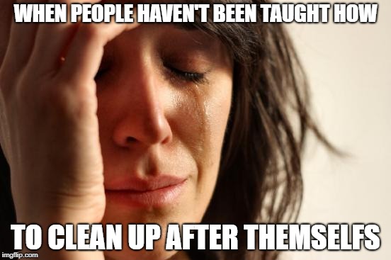 First World Problems Meme | WHEN PEOPLE HAVEN'T BEEN TAUGHT HOW; TO CLEAN UP AFTER THEMSELFS | image tagged in memes,first world problems | made w/ Imgflip meme maker