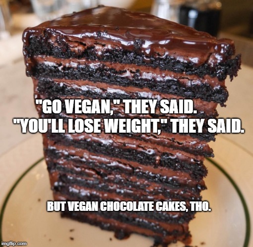 Chocolate Cake | "GO VEGAN," THEY SAID.        "YOU'LL LOSE WEIGHT," THEY SAID. BUT VEGAN CHOCOLATE CAKES, THO. | image tagged in chocolate cake | made w/ Imgflip meme maker